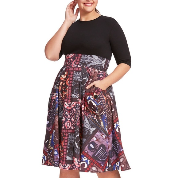eshakti Dresses & Skirts - eSHAKTI Ikat Scarft Print Mixed Media Pocket Dress